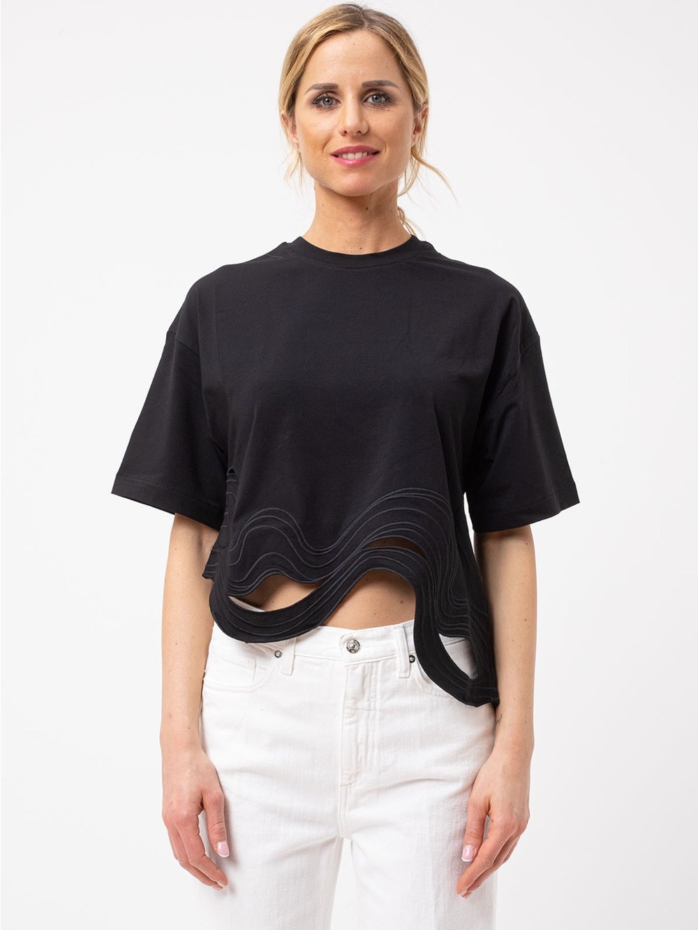 Alpha Studio Women’s crew neck Cotton Jersey fun Wavy Cut outs Asymmetrical hem.